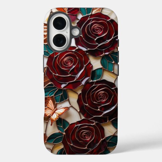Elegante rode rozen met vlinders in glas-in-lood Case-Mate iPhone case (Achterkant)