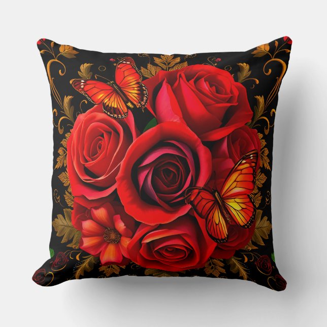 Elegante rode rozen met vlinders kussen (Voorkant)