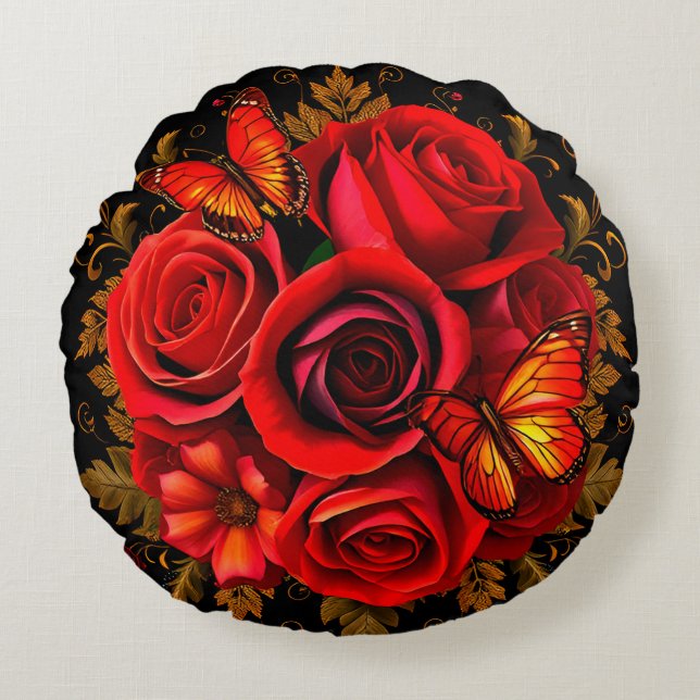 Elegante rode rozen met vlinders rond kussen (Voorkant)