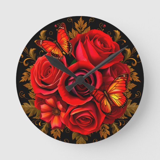 Elegante rode rozen met vlinders ronde klok (Voorkant)