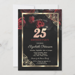 Elegante Rode Rozen Omlijsten Zwarte 25e Verjaarda Kaart