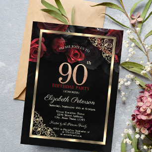 Elegante Rode Rozen Omlijsten Zwarte 90ste Verjaar Kaart