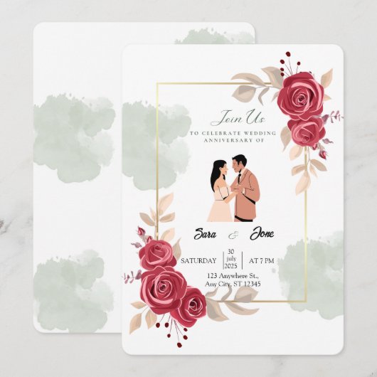 Elegante rode rozen & paar illustratie kaart (Voorkant / Achterkant)