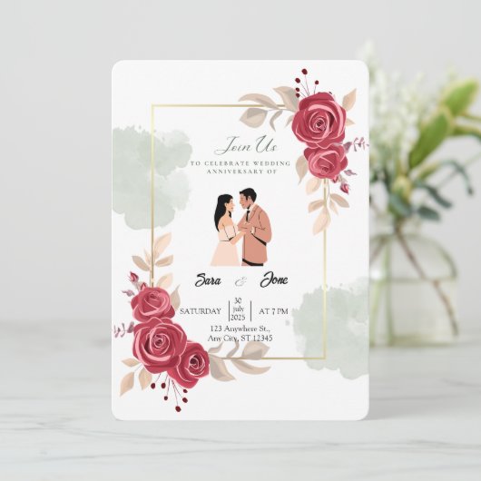 Elegante rode rozen & paar illustratie kaart (Staand voorkant)