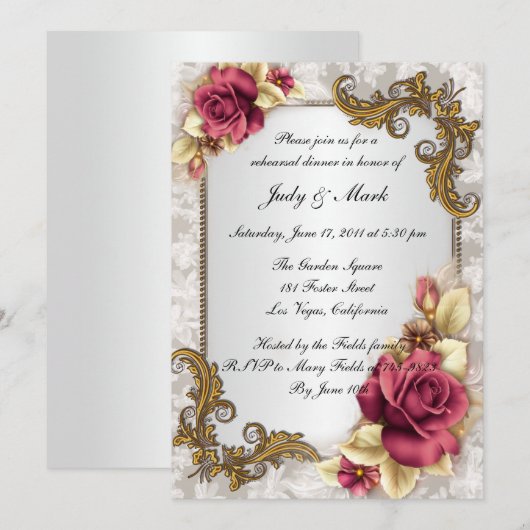 Elegante rode rozen repetitie diner uitnodiging (Voorkant / Achterkant)