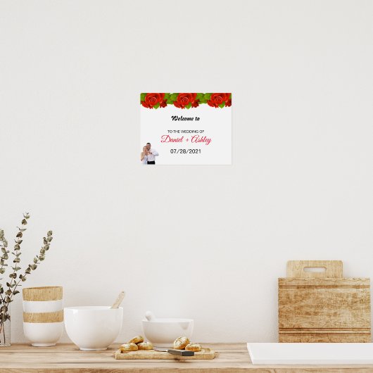 Elegante rode rozen stel foto welkom bruiloft poster (Keuken)