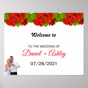 Elegante rode rozen stel foto welkom bruiloft poster