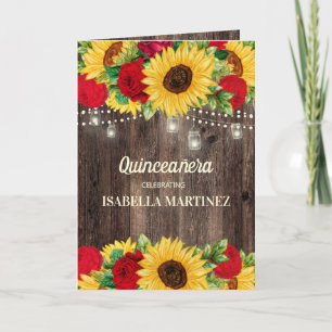 Elegante rode rozen zonnebloemen Quinceañera Kaart