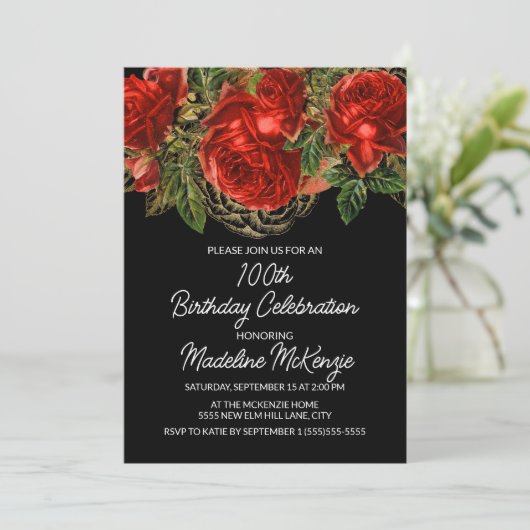 Elegante  rode rozen zwart 100e verjaardag kaart (Staand voorkant)