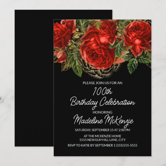 Elegante  rode rozen zwart 100e verjaardag kaart (Voorkant / Achterkant)