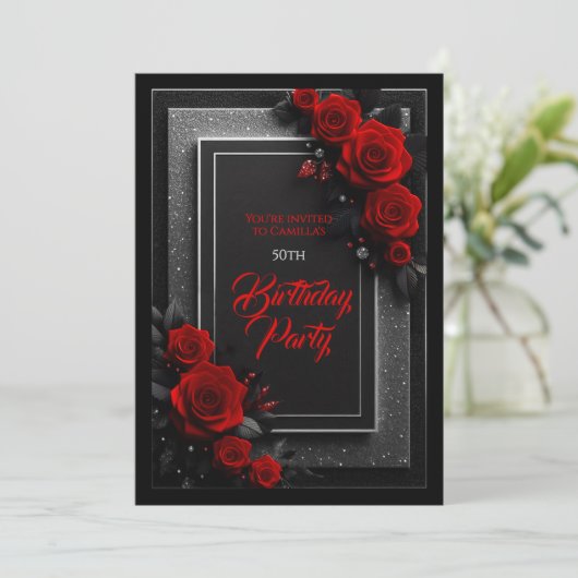 Elegante Rode Rozen Zwarte Glam Verjaardagsuitnodi Kaart (Staand voorkant)