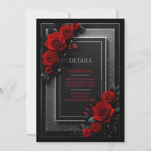 Elegante Rode Rozen Zwarte Glam Verjaardagsuitnodi Kaart (Achterkant)