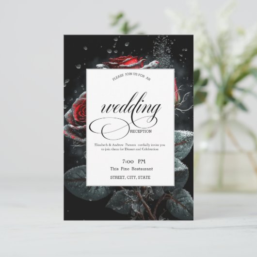 Elegante rode rozen zwarte repetitie diner kaart (Staand voorkant)