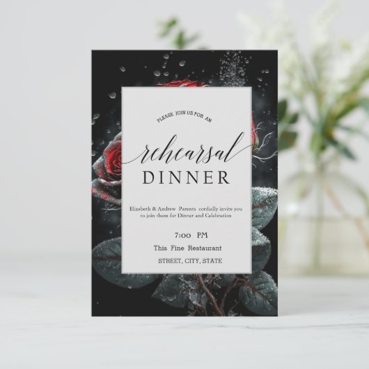 Elegante rode rozen zwarte repetitie diner kaart (Staand voorkant)