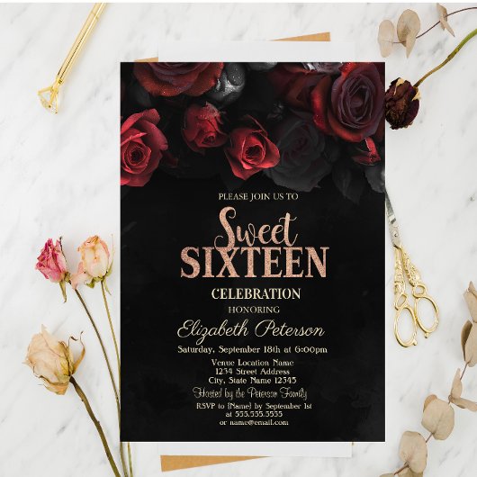 Elegante Rode Rozen Zwarte Sweet 16 Kaart
