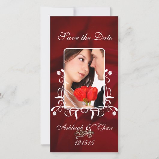 Elegante Rode Satijn Save the Date Jouw Foto (Voorkant)