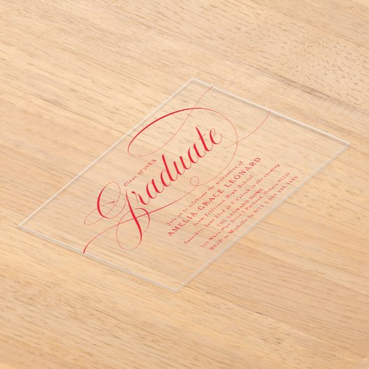 Elegante rode script afstudeerfeest acryl uitnodigingen (Laagn)