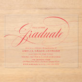 Elegante rode script afstudeerfeest acryl uitnodigingen (Voorkant)