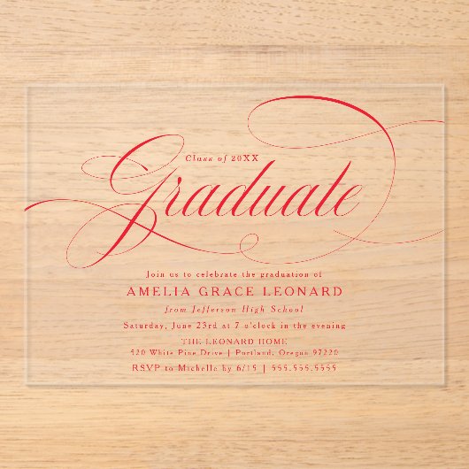 Elegante rode script afstudeerfeest acryl uitnodigingen (Voorkant)