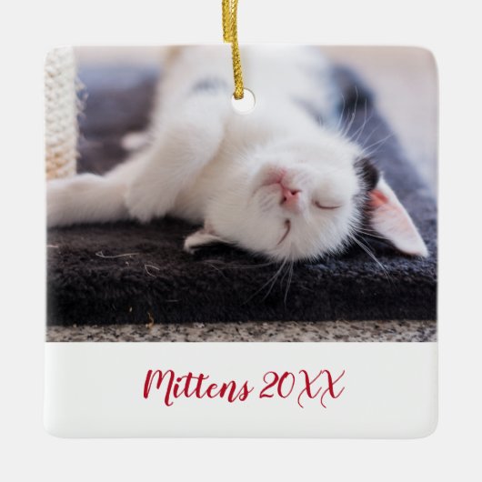 Elegante rode script huisdier kat foto modern keramisch ornament (Voorkant)