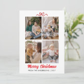 Elegante Rode Script Kerstmis 4 Foto Collage Feestdagenkaart (Staand voorkant)