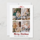 Elegante Rode Script Kerstmis 4 Foto Collage Feestdagenkaart (Voorkant)