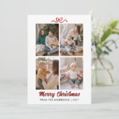 Elegante Rode Script Kerstmis 4 Foto Collage Feestdagenkaart (Staand voorkant)