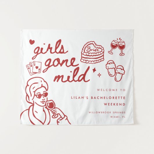 Elegante Rode Script Meisjes Gone Mild Bachelorett Wandkleed (Voorkant (horizontaal))
