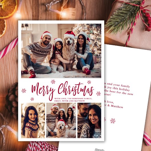 Elegante Rode Script Sneeuwvlok 4 Foto Kerstmis Feestdagenkaart