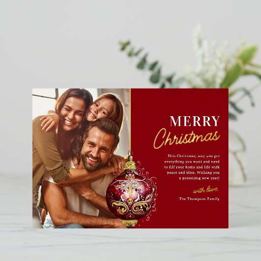 Elegante Rode Sierfoto Kerstmis Folie Feestdagenkaart (Staand Voorkant)