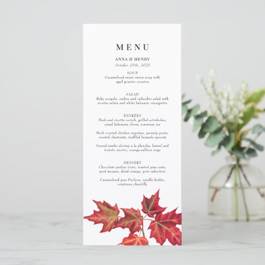 Elegante rode Sinaasappel val bladeren bruiloft Menu (Staand voorkant)
