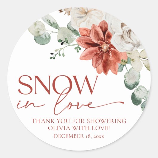 Elegante rode sneeuw in Love Winter Bruiloftsshowe Ronde Sticker (Voorkant)
