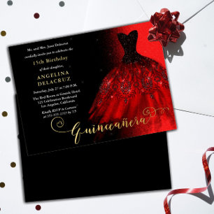 Elegante Rode Spaanse Jurk Quinceañera - Goud Folie Uitnodiging