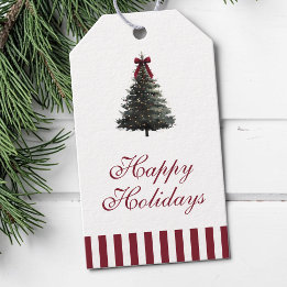 Elegante rode strepen watercolor kerstboom cadeaulabel