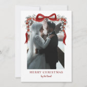 Elegante rode strik en eucalyptus foto Kerstmis A Feestdagenkaart (Voorkant)