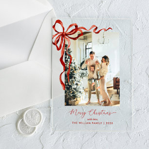 Elegante Rode Strik Foto Acryl Kerstkaart Uitnodigingen