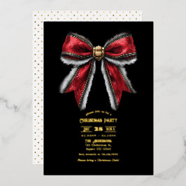 Elegante Rode Strik & Goud Folie Kerstfeest Uitnodiging