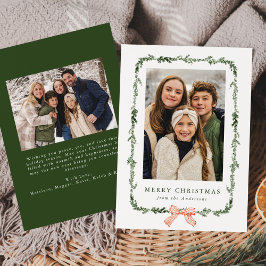 Elegante rode strik groenblijvende slinger 2 foto feestdagenkaart