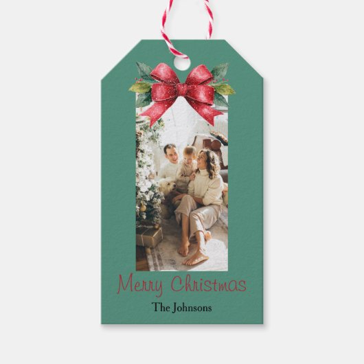 Elegante rode strik kerstcadeau label met naam cadeaulabel (Voorkant)
