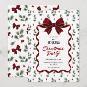 Elegante Rode Strik Kerstfeest Uitnodiging (Voorkant / Achterkant)