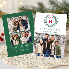 Elegante Rode Strik Kerstkrans Monogram 4 Foto Feestdagenkaart