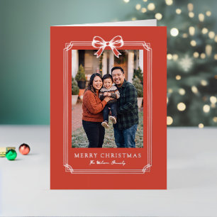 Elegante Rode Strik Kerstmis Familie Foto Folie Feestdagenkaart