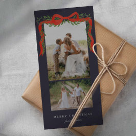 Elegante rode strik met groen 2 foto Kerstmis Feestdagenkaart