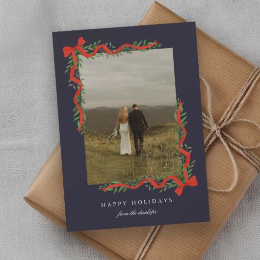 Elegante rode strik met groen foto feestdagenkaart