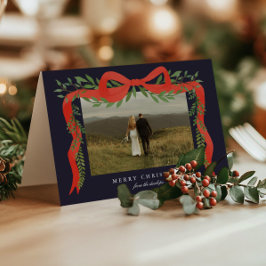 Elegante rode strik met groen foto kerst feestdagen kaart