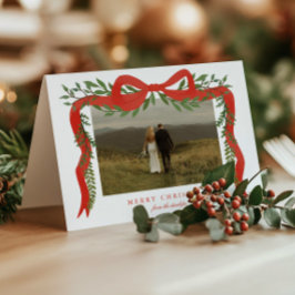 Elegante rode strik met groen foto Kerstmis Feestdagen Kaart