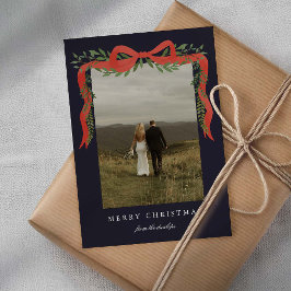 Elegante rode strik met groen foto Kerstmis Feestdagenkaart