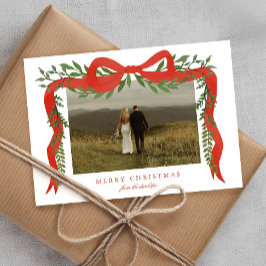 Elegante rode strik met groen foto Kerstmis Feestdagenkaart