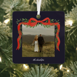 Elegante rode strik met groen foto Kerstmis Metalen Ornament