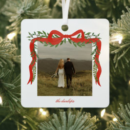 Elegante rode strik met groen foto Kerstmis Metalen Ornament